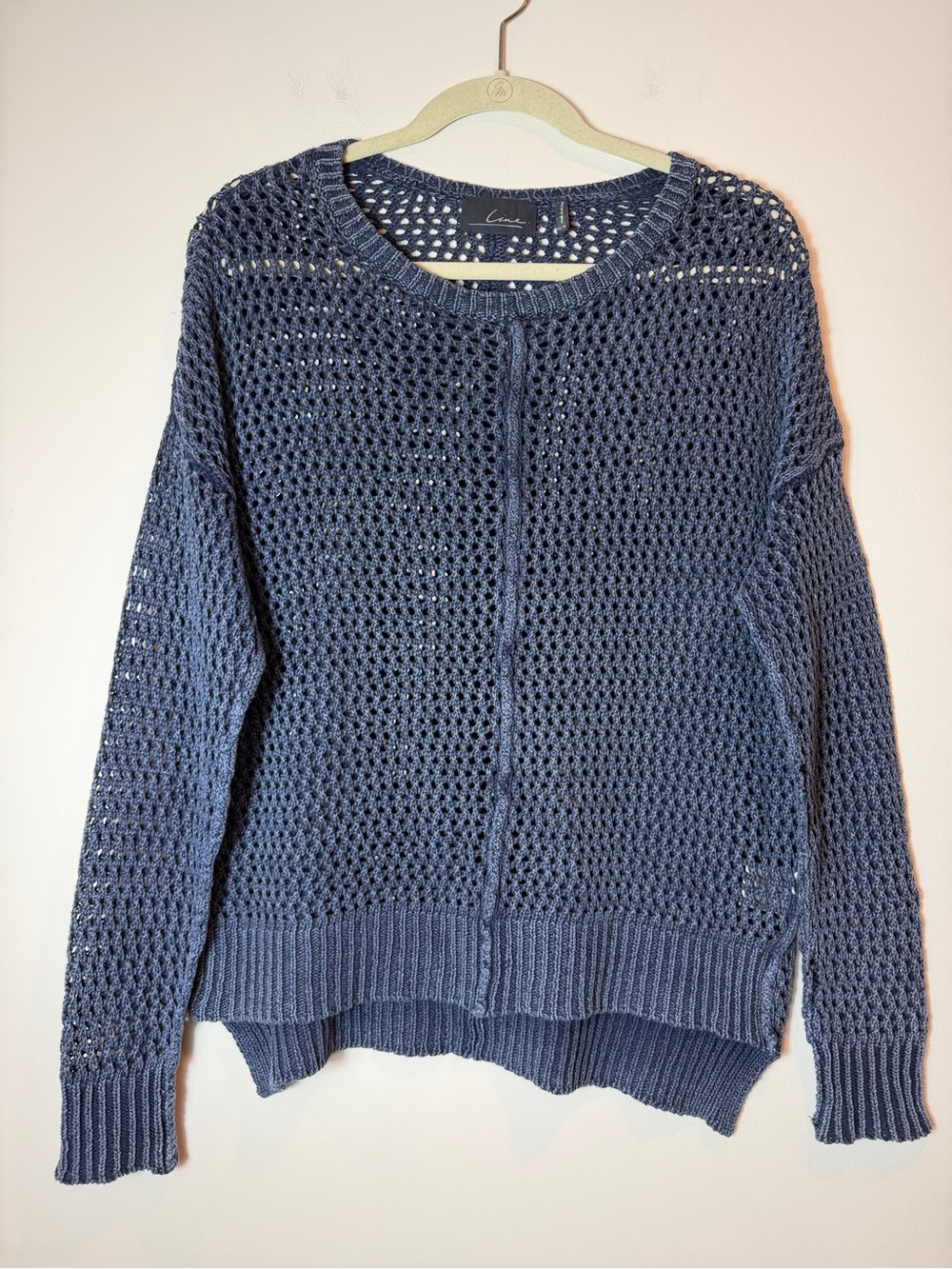 Line. Navy Blue Open Knit Crochet Crewneck Seam Front Sweater Medium